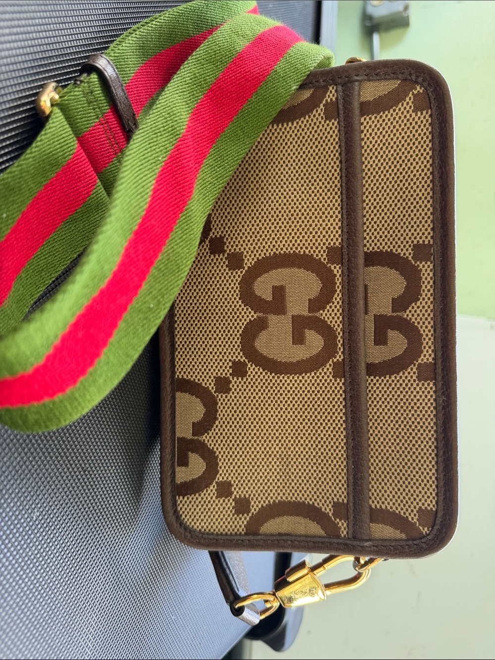 Authentic Gucci jumbo GG cross body with Green & Red Web Strap